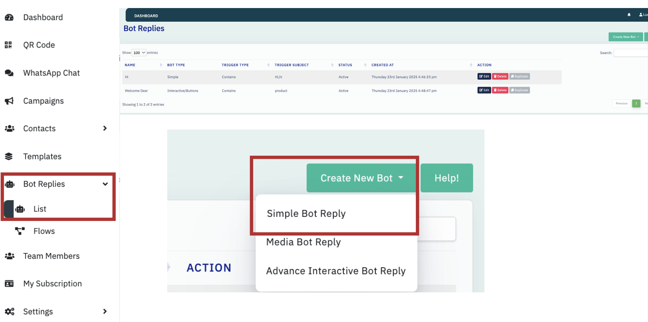 Whatsapp Chatbot Replies dashboard Whatsapp Chatbot Replies dashboard